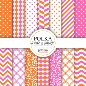 SALE Polka Hot Pink And Orange Digital Paper Pattern - Chevron/Wave/Stripe/Scallop/Leaf For Personal and Small Commercial Use - T0108