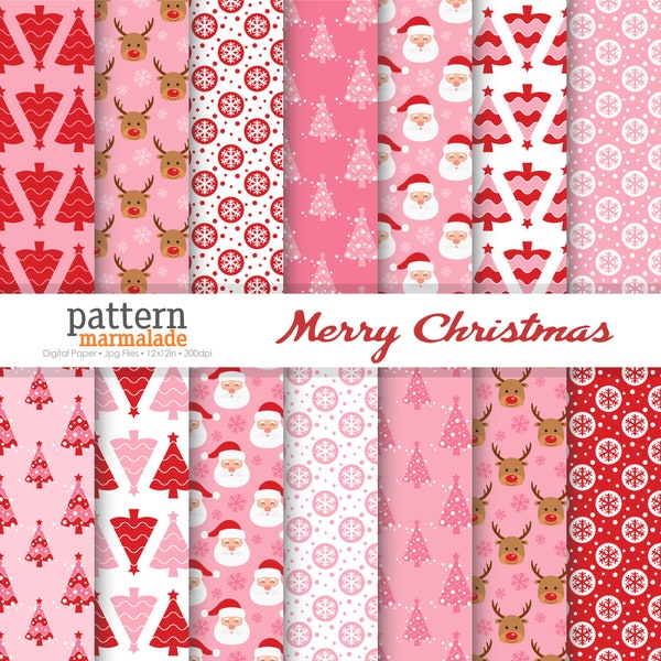 SALE Merry Christmas Digital Paper Pattern - Christmas Tree/Santa/Reindeer For Personal and Small Commercial Use - S1119