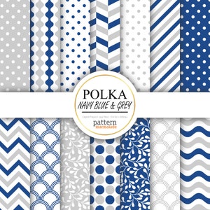 VENTE Polka bleu marine et gris papier numérique motif - Chevron/vague/rayure/pétoncle/feuille pour usage personnel et petit Commercial - S0905