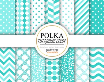 SALE Polka Turquoise Digital Paper Pattern - Chevron/Wave/Stripe/Scallop/Leaf For Personal and Small Commercial Use - S0509