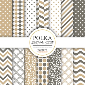 Könnte beinhalten: Ein Set mit 12 digitalen Papiermustern in neutralen Farben, darunter Punkte, Streifen, Chevron und florale Designs. Die Muster sind perfekt für Scrapbooking, Kartenherstellung und andere Bastelprojekte. Der Text auf dem Bild lautet "Polka Neutral Color Digital Paper - Jpg Files - 12x12in - 300dpi pattern marmalade".