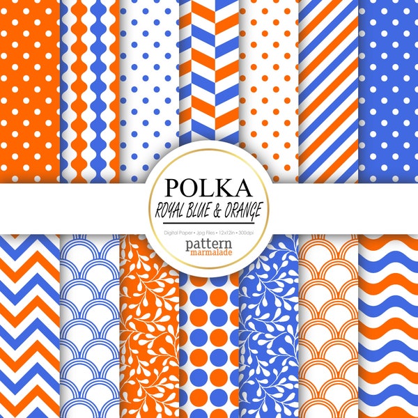 SALE Polka Royal Blue And Orange Digital Paper Pattern - Chevron/Wave/Stripe/Scallop/Leaf For Personal and Small Commercial Use - T0402