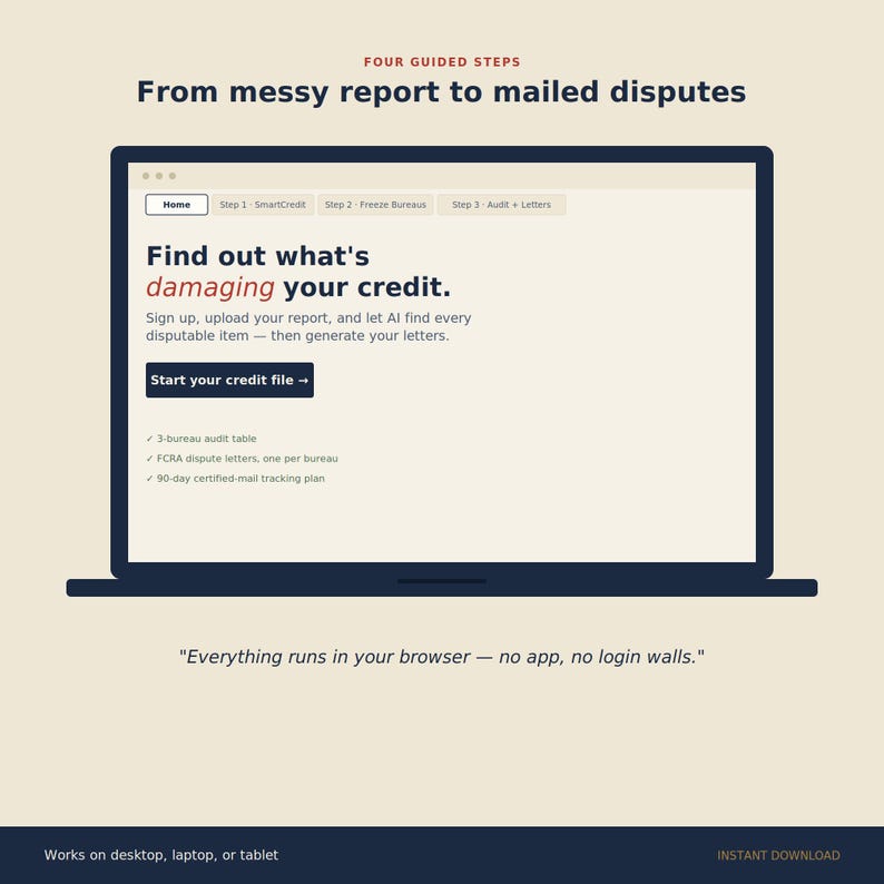 May include: A digital interface on a laptop screen titled Four Guided Steps: From messy report to mailed disputes. It features a navigation bar, the text Find out what's damaging your credit, a Start your credit file button, and a list of services.
