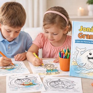 K&ouml;nnte beinhalten: Zwei Kinder malen Illustrationen aus einem Buch mit dem Titel "Jon&aacute;s y el Gran Pez" (Jona und der Wal) aus. Das Buchcover zeigt einen Cartoon-Wal und einen Jungen. Buntstifte und Wachsmalstifte liegen auf dem Tisch.