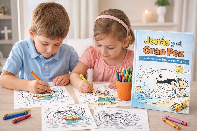 K&ouml;nnte beinhalten: Zwei Kinder malen Illustrationen aus einem Buch mit dem Titel "Jon&aacute;s y el Gran Pez" (Jona und der Wal) aus. Das Buchcover zeigt einen Cartoon-Wal und einen Jungen. Buntstifte und Wachsmalstifte liegen auf dem Tisch.