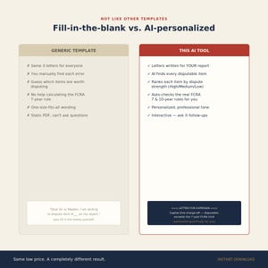 May include: A comparison chart titled Fill-in-the-blank vs. AI-personalized. The left side, labeled Generic Template, lists six limitations with X marks. The right side, labeled This AI Tool, lists six advantages with check marks and a sample letter.