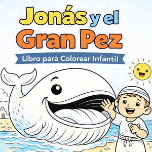 May include: A children's coloring book cover with the title "Jonás y el Gran Pez" in yellow and orange. The image features a smiling whale, a boy waving, a smiling sun, and the text "Libro para Colorear Infantil".