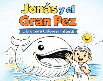 Può includere: Copertina di un libro da colorare per bambini con il titolo "Jonás y el Gran Pez" in giallo e arancione. L'immagine presenta una balena sorridente, un bambino che saluta, un sole sorridente e il testo "Libro para Colorear Infantil".