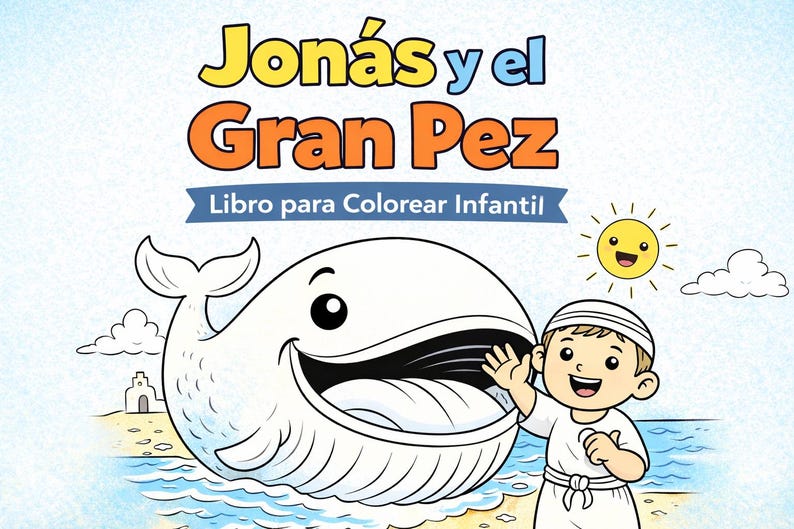 K&ouml;nnte beinhalten: Kinder-Malbuch-Cover mit dem Titel "Jon&aacute;s y el Gran Pez" in Gelb und Orange. Das Bild zeigt einen l&auml;chelnden Wal, einen winkenden Jungen, eine l&auml;chelnde Sonne und den Text "Libro para Colorear Infantil".
