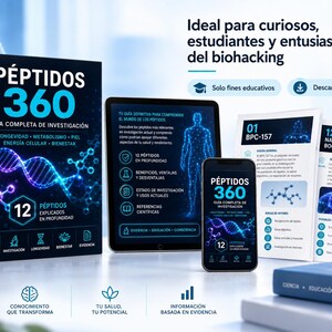 May include: A book titled P&Eacute;PTIDOS 360 GU&Iacute;A COMPLETA DE INVESTIGACI&Oacute;N, a tablet, and a smartphone displaying the same title and cover art. The materials feature blue and white graphics of DNA strands, molecular structures, and human anatomy.