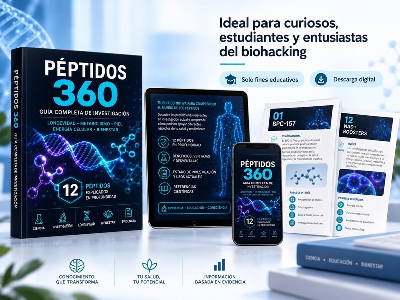 May include: A book titled P&Eacute;PTIDOS 360 GU&Iacute;A COMPLETA DE INVESTIGACI&Oacute;N, a tablet, and a smartphone displaying the same title and cover art. The materials feature blue and white graphics of DNA strands, molecular structures, and human anatomy.