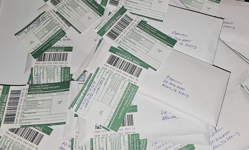 May include: A collection of white envelopes and U.S. Postal Service Certified Mail receipts with green accents, barcodes, and tracking numbers. Several envelopes feature handwritten addresses to a P.O. Box in Allen, Texas, 75013.