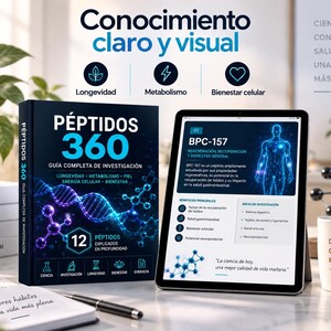 May include: A book titled P&Eacute;PTIDOS 360 with a DNA graphic, next to a tablet displaying BPC-157 research, a stack of books labeled Biohacking, Longevity, Peptides, and Human Health, a white mug with text, and a notebook with the phrase Mejores h&aacute;bitos.