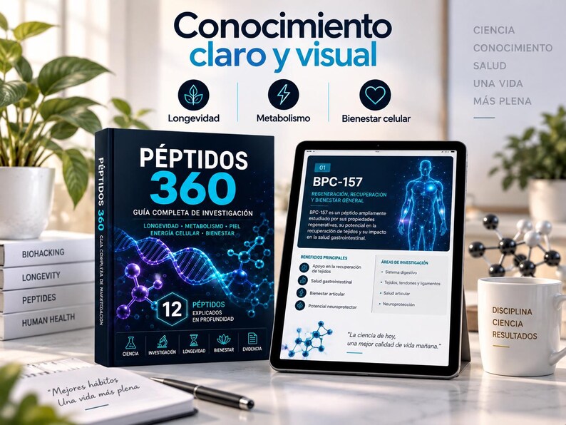 May include: A book titled P&Eacute;PTIDOS 360 with a DNA graphic, next to a tablet displaying BPC-157 research, a stack of books labeled Biohacking, Longevity, Peptides, and Human Health, a white mug with text, and a notebook with the phrase Mejores h&aacute;bitos.