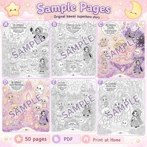 May include: A digital coloring book page set titled Sample Pages featuring six distinct panels labeled A through F. Each panel displays intricate line art of chibi-style characters, small creatures, and magical settings with Spanish text captions.