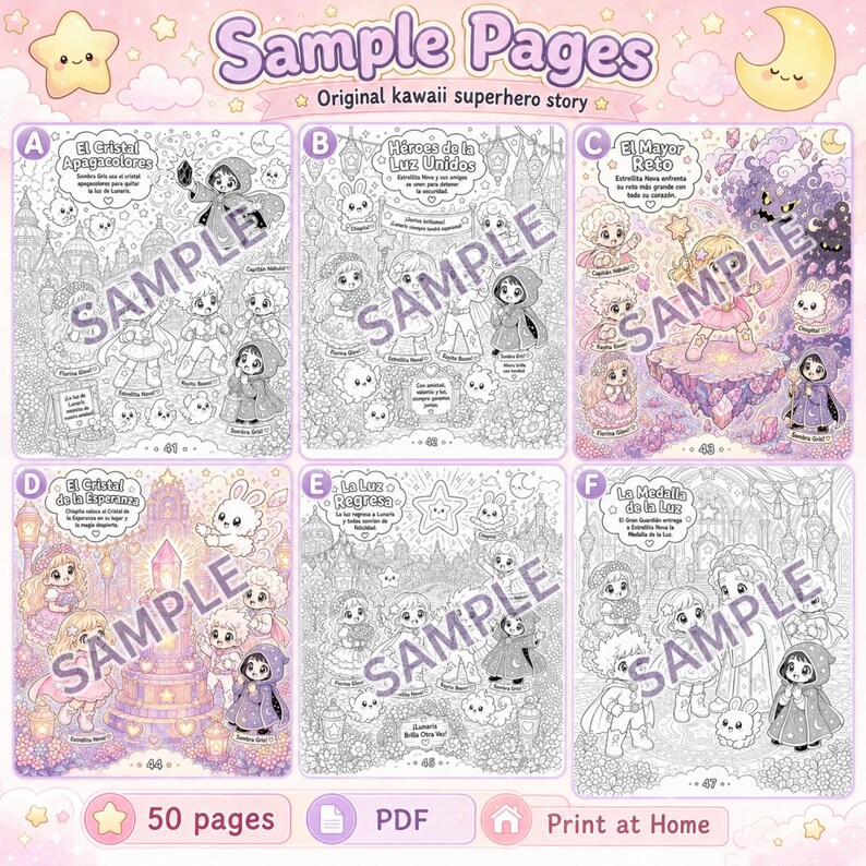 May include: A digital coloring book page set titled Sample Pages featuring six distinct panels labeled A through F. Each panel displays intricate line art of chibi-style characters, small creatures, and magical settings with Spanish text captions.