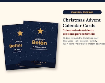May include: Two dark blue Christmas Advent calendar cards featuring a yellow star, a night sky, and the text Camino a Belén 25 días con Jesús. The cards include 25 days through the Christmas story with a Bible verse, talk, question, and activity.