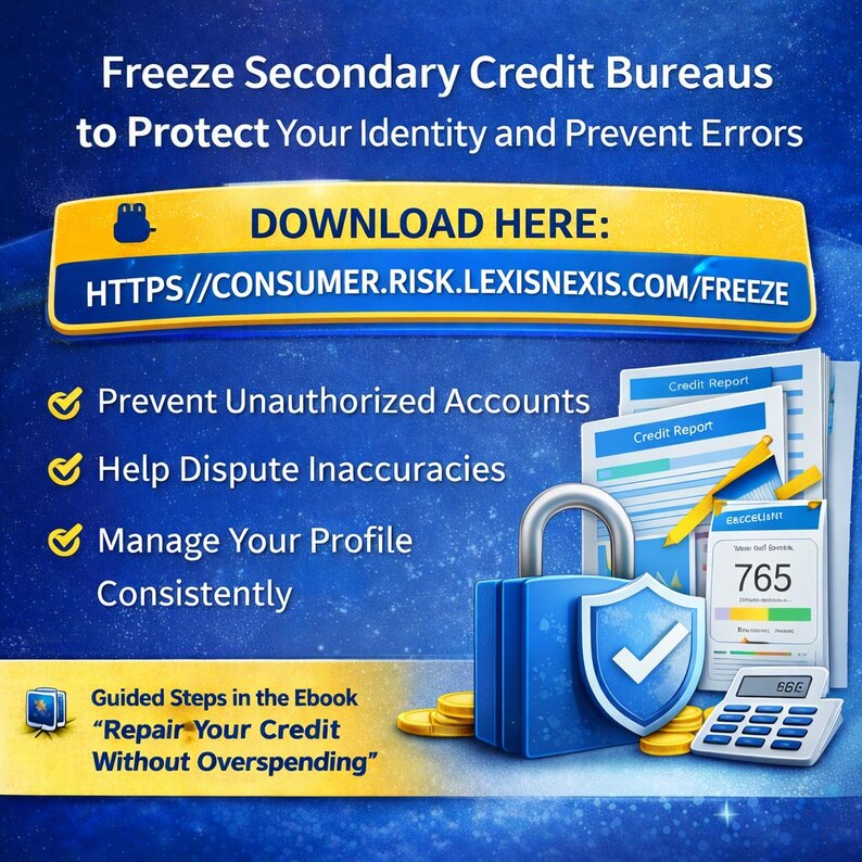 May include: An advertisement with a blue and yellow color scheme. The text reads "Freeze Secondary Credit Bureaus to Protect Your Identity and Prevent Errors." A blue padlock and shield are featured, along with a credit score graphic and calculator.