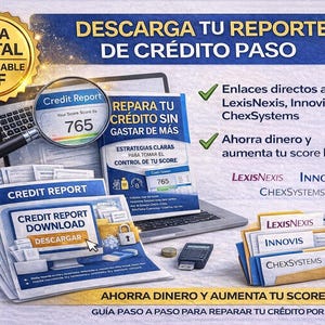 May include: Digital guide with the text "Descarga tu reporte de cr&eacute;dito paso". The image shows a credit report with a score of 765, a laptop, a magnifying glass, and a stack of documents. The guide promises to repair credit without spending more.