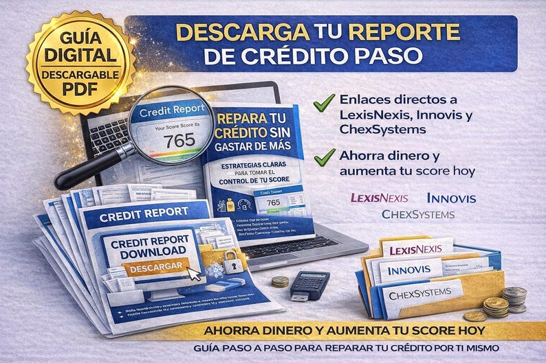 May include: Digital guide with the text "Descarga tu reporte de cr&eacute;dito paso". The image shows a credit report with a score of 765, a laptop, a magnifying glass, and a stack of documents. The guide promises to repair credit without spending more.