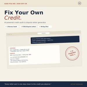 Puede incluir: Un gráfico digital titulado Fix Your Own Credit que presenta un generador de auditoría de crédito y cartas de disputa con IA. Muestra una ventana de navegador con datos de informes de crédito, un sello rojo AI POWERED TOOL y el texto Every letter sent is one step closer to the credit you deserve.