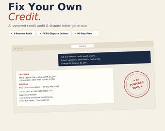 May include: A digital graphic titled Fix Your Own Credit featuring an AI-powered credit audit and dispute letter generator. It displays a browser window with credit report data, a red AI POWERED TOOL stamp, and the text Every letter sent is one step closer to the credit you deserve.