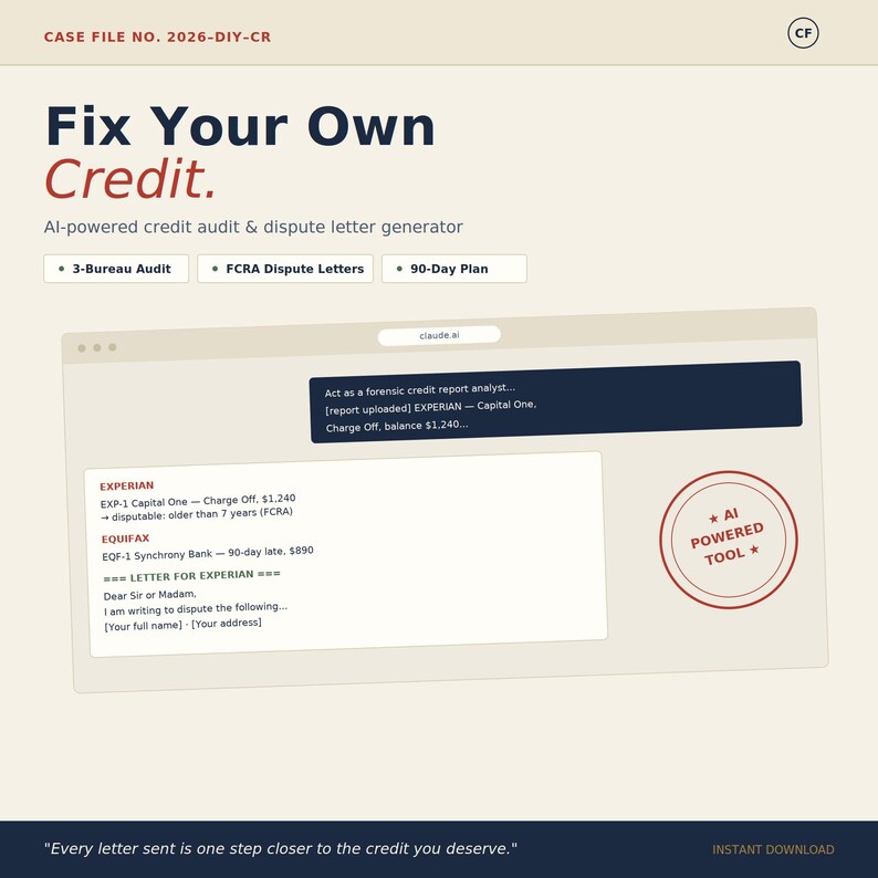 May include: A digital graphic titled Fix Your Own Credit featuring an AI-powered credit audit and dispute letter generator. It displays a browser window with credit report data, a red AI POWERED TOOL stamp, and the text Every letter sent is one step closer to the credit you deserve.