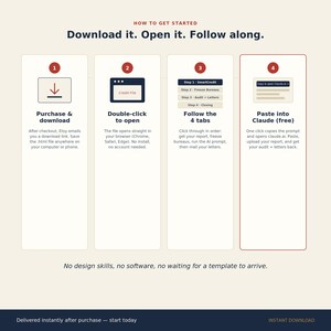 May include: An instructional graphic titled How to Get Started: Download it. Open it. Follow along. It outlines four steps: 1. Purchase & download, 2. Double-click to open, 3. Follow the 4 tabs, and 4. Paste into Claude (free). Text includes instructions.