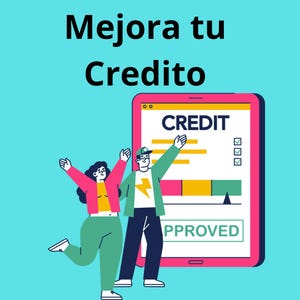 Może przedstawiać: Ilustracja dw&oacute;ch os&oacute;b świętujących przed tabletem wyświetlającym słowo "CREDIT" i pasek postępu. Tablet wyświetla r&oacute;wnież słowo "APPROVED". Tekst "Mejora tu Credito" znajduje się na g&oacute;rze obrazu.