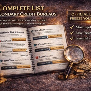 May include: An open book with the title "COMPLETE LIST OF SECONDARY CREDIT BUREAUS" and a magnifying glass. The book lists agencies like LexisNexis and FactorTrust, with options to freeze reports. A PDF icon is in the lower left.
