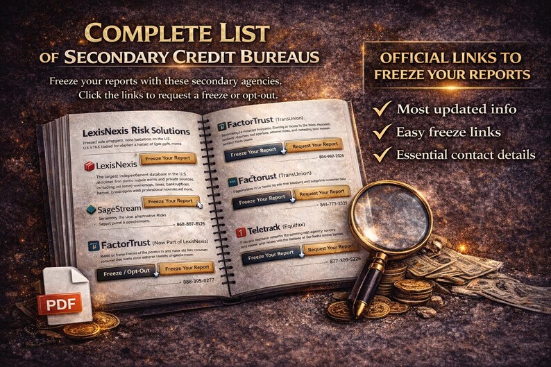 May include: An open book with the title "COMPLETE LIST OF SECONDARY CREDIT BUREAUS" and a magnifying glass. The book lists agencies like LexisNexis and FactorTrust, with options to freeze reports. A PDF icon is in the lower left.