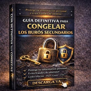 May include: A book cover with the title "GUIA DEFINITIVA PARA CONGELAR LOS BUROS SECUNDARIOS" in gold lettering. The cover features a padlock, a key, and a shield, all in gold, against a dark background. Text includes "Protege tu información personal" and "DESCARGA YA."