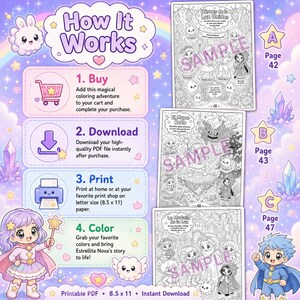 May include: A digital coloring book guide titled How It Works with four steps: Buy, Download, Print, and Color. It features three black and white coloring pages labeled A, B, and C, with cartoon characters, stars, and crystals on a purple background.
