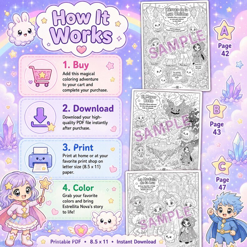 May include: A digital coloring book guide titled How It Works with four steps: Buy, Download, Print, and Color. It features three black and white coloring pages labeled A, B, and C, with cartoon characters, stars, and crystals on a purple background.
