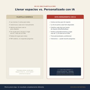 May include: A comparison chart titled Llenar espacios vs. Personalizado con IA. The left column, Plantilla Gen&eacute;rica, lists six limitations with X marks. The right column, Esta Herramienta con IA, lists six advantages with check marks in a red header.