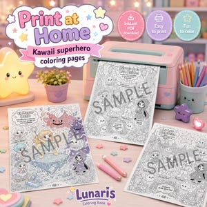 May include: A digital coloring book set featuring Kawaii superhero characters on printable pages. The set includes three sheets with intricate line art, a light pink desktop printer, a star-shaped lamp, and colored pencils in a cup.