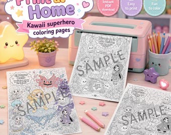 Può includere: Un set di libri da colorare digitali con personaggi supereroi Kawaii su pagine stampabili. Il set include tre fogli con disegni al tratto dettagliati, una stampante da scrivania rosa chiaro, una lampada a forma di stella e matite colorate.
