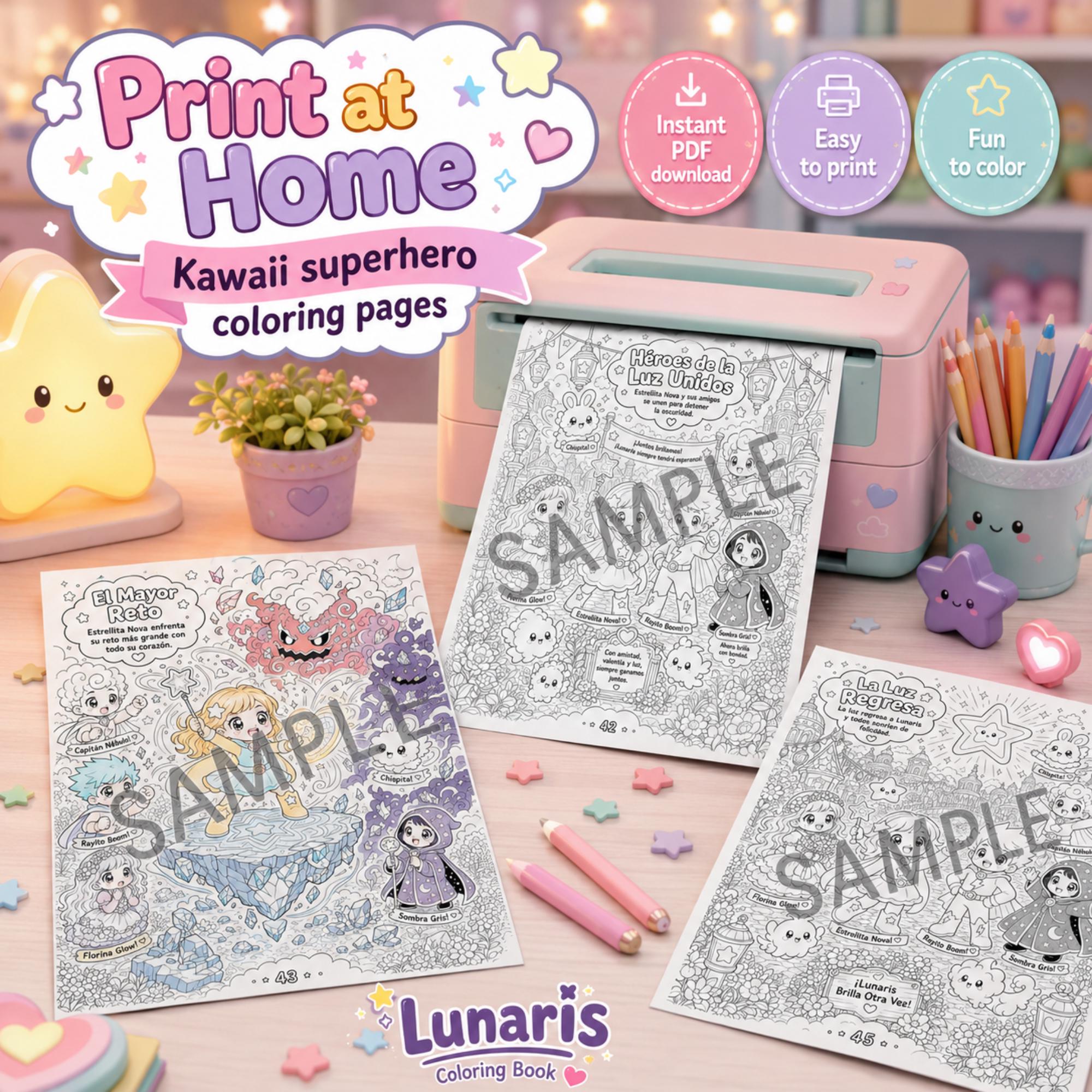 Kawaii Superhero Coloring Pages Printable PDF, Cute Hero Story Coloring Book for Kids