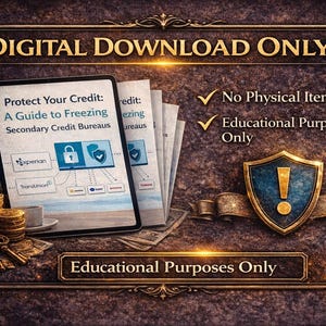 May include: Digital download graphic with the text "Protect Your Credit: A Guide to Freezing Secondary Credit Bureaus" on a tablet. Includes a shield with an exclamation point and the text "Educational Purposes Only."