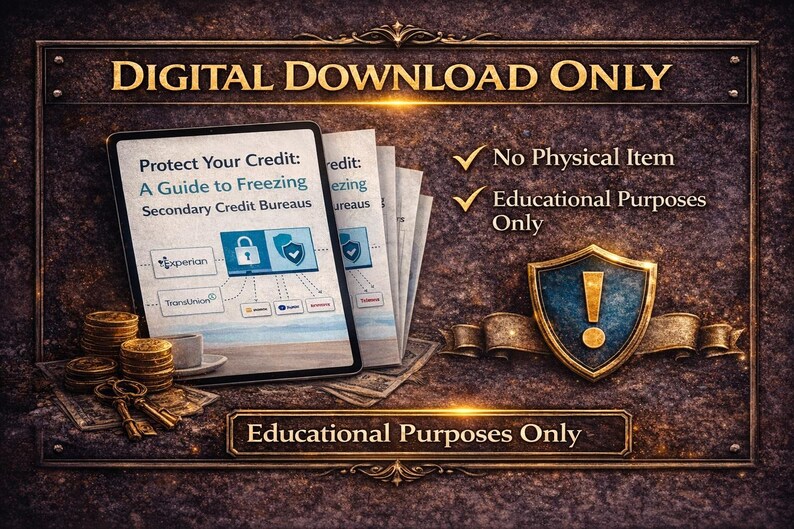 May include: Digital download graphic with the text "Protect Your Credit: A Guide to Freezing Secondary Credit Bureaus" on a tablet. Includes a shield with an exclamation point and the text "Educational Purposes Only."
