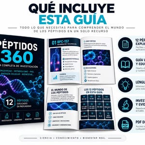 May include: A digital guide titled P&Eacute;PTIDOS 360 featuring a dark cover with a blue DNA helix graphic and 12 peptides explained. The image displays the book cover, two open pages showing scientific diagrams, and a list of five key features in Spanish.