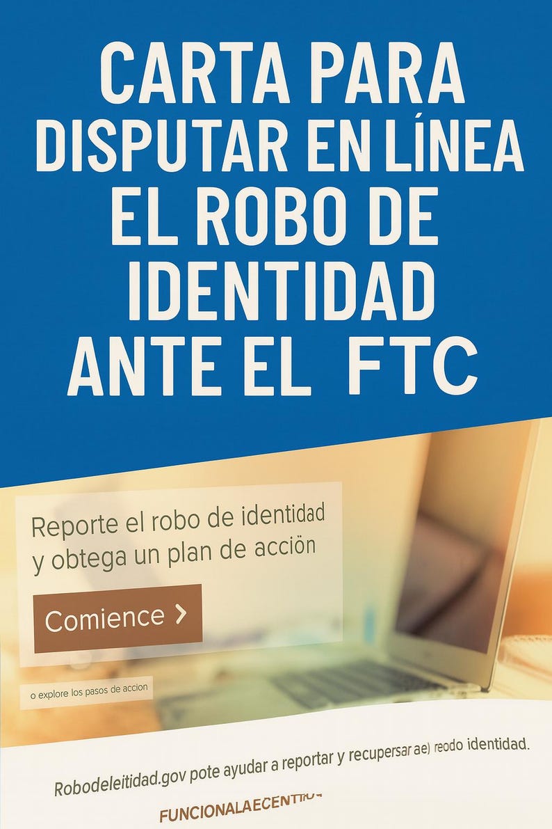 May include: A blue background with white text that reads "CARTA PARA DISPUTAR EN L&Iacute;NEA EL ROBO DE IDENTIDAD ANTE EL FTC." Below, a white box with text about reporting identity theft and a button that says "Comience >".