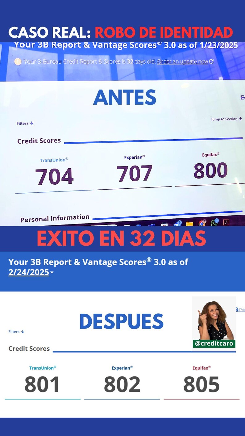 May include: A graphic displaying credit scores before and after a 32-day period. The scores from TransUnion, Experian, and Equifax are shown, with the words "ANTES" and "DESPUES" indicating the changes.