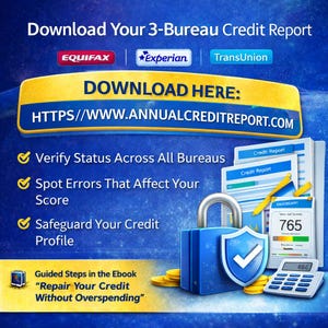 May include: A graphic promoting credit report services. The image features logos for Equifax, Experian, and TransUnion. Text includes "Download Your 3-Bureau Credit Report" and "Download Here: HTTPS://WWW.ANNUALCREDITREPORT.COM". A blue lock, shield, and calculator are also shown.