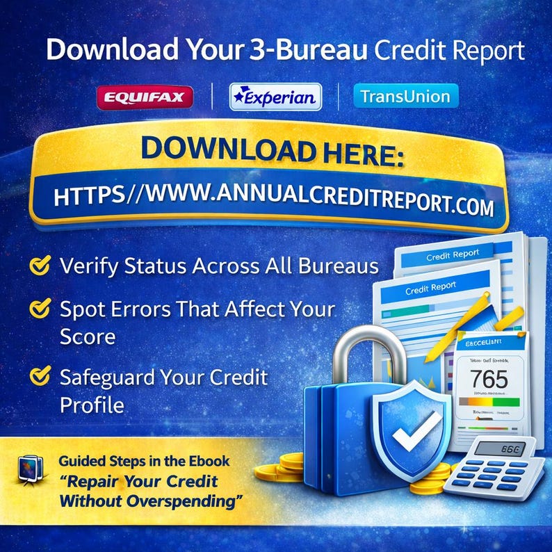 May include: A graphic promoting credit report services. The image features logos for Equifax, Experian, and TransUnion. Text includes "Download Your 3-Bureau Credit Report" and "Download Here: HTTPS://WWW.ANNUALCREDITREPORT.COM". A blue lock, shield, and calculator are also shown.
