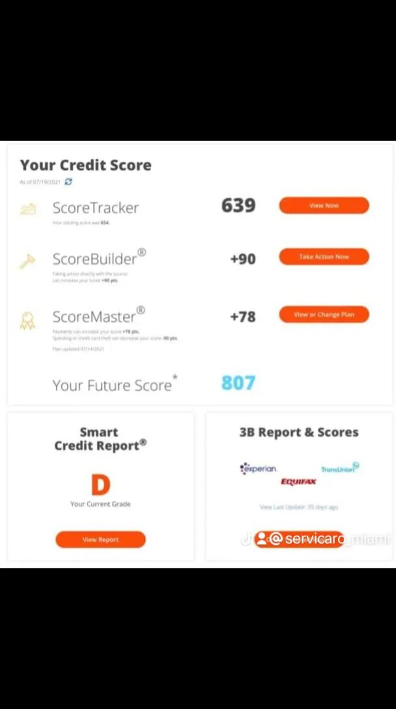 Może przedstawiać: Raport oceny kredytowej zatytułowany "Your Credit Score" z datą 19.07.2021. Wyświetla wynik 639, przyszły wynik 807 i aktualną ocenę D. Raport zawiera r&oacute;wnież loga Experian, Equifax i TransUnion.
