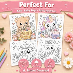 May include: Four square coloring pages featuring a bear with pancakes, a unicorn with a cupcake, a teapot, and a llama. The text reads Perfect For Kids Rainy Days Party Activities and Instant Download. Each page includes the watermark text SAMPLE.