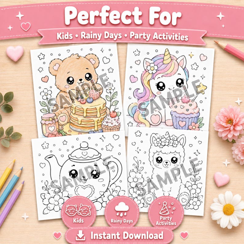 May include: Four square coloring pages featuring a bear with pancakes, a unicorn with a cupcake, a teapot, and a llama. The text reads Perfect For Kids Rainy Days Party Activities and Instant Download. Each page includes the watermark text SAMPLE.