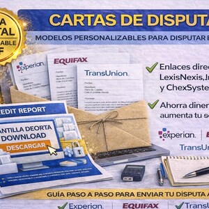 May include: An image with the text "CARTAS DE DISPUTA" and "MODELOS PERSONALIZABLES PARA DISPUTAR ERRORES". It includes documents from Experian, Equifax, and TransUnion, a laptop, calculator, pen, and coins. The image also has the text "CREDIT REPORT" and "DOWNLOAD".