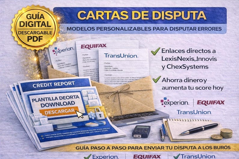 May include: An image with the text "CARTAS DE DISPUTA" and "MODELOS PERSONALIZABLES PARA DISPUTAR ERRORES". It includes documents from Experian, Equifax, and TransUnion, a laptop, calculator, pen, and coins. The image also has the text "CREDIT REPORT" and "DOWNLOAD".
